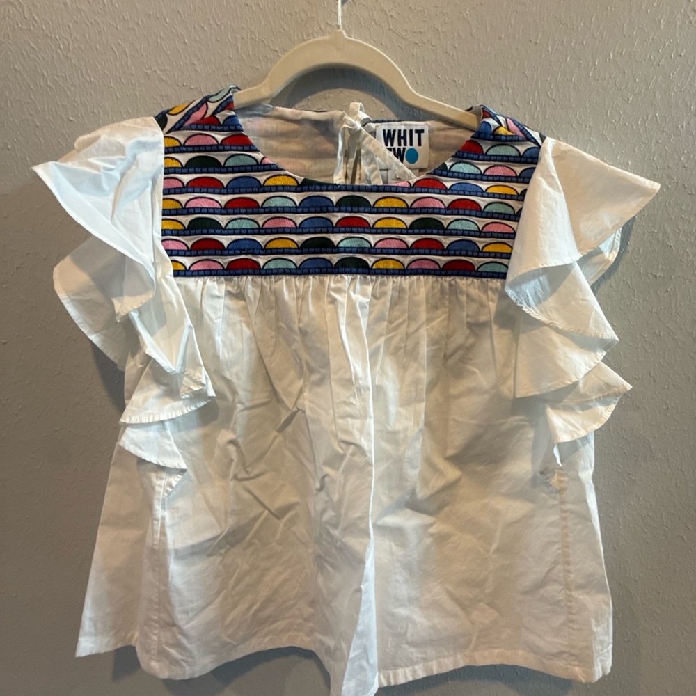WHIT Blouse with Multicolor Pattern and Ruffle Sleeves
